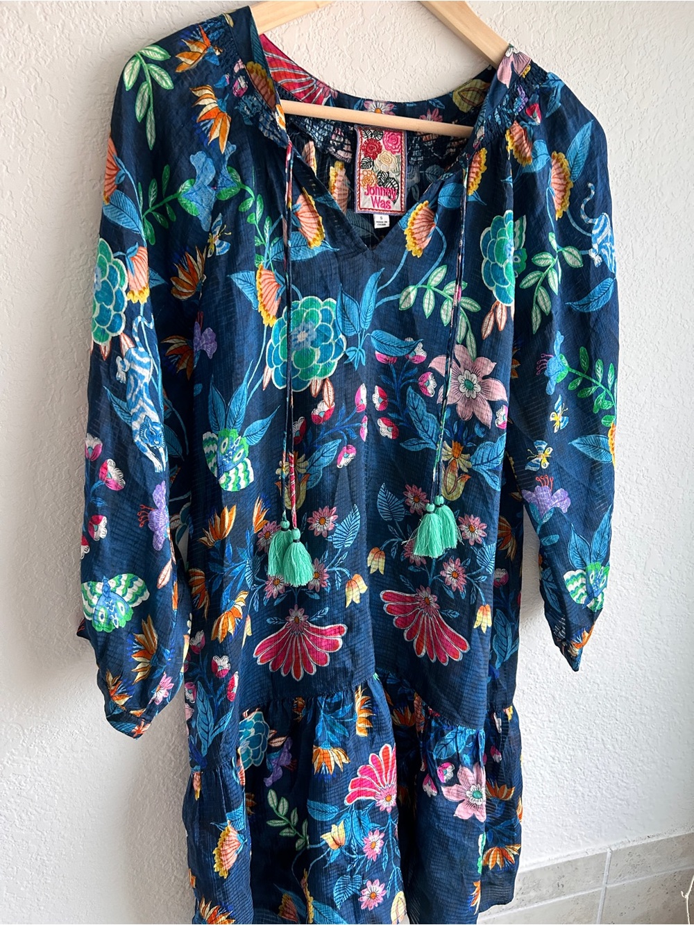 Johnny Was Elizabeth Tassel Floral Peasant Dress - Navy with Multicolor Blooms